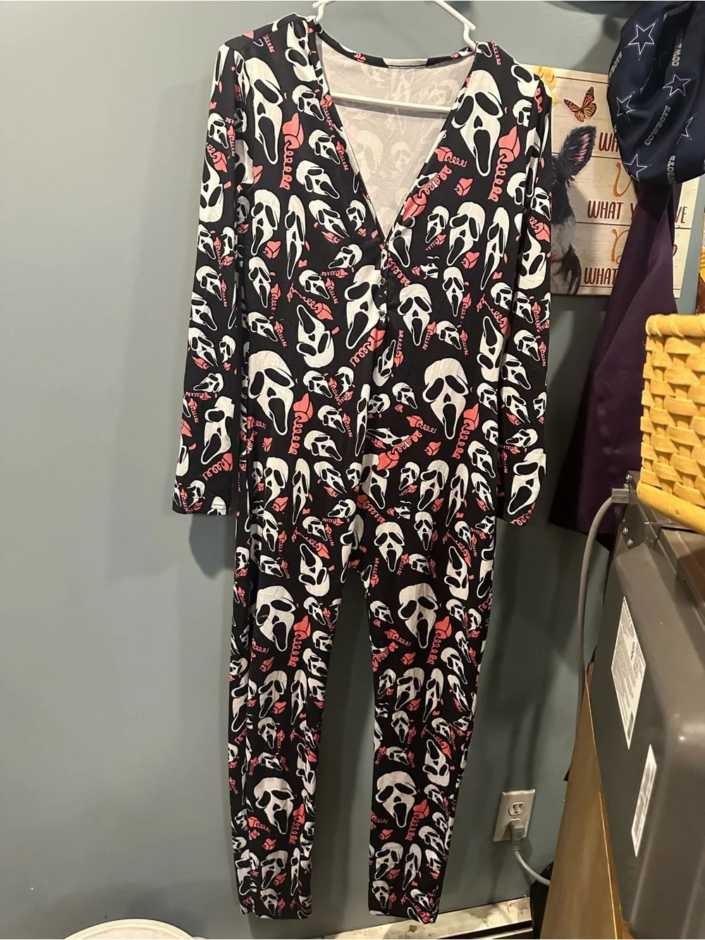 Women’s Black & White Skull Print Jumpsuit with Pink Accents